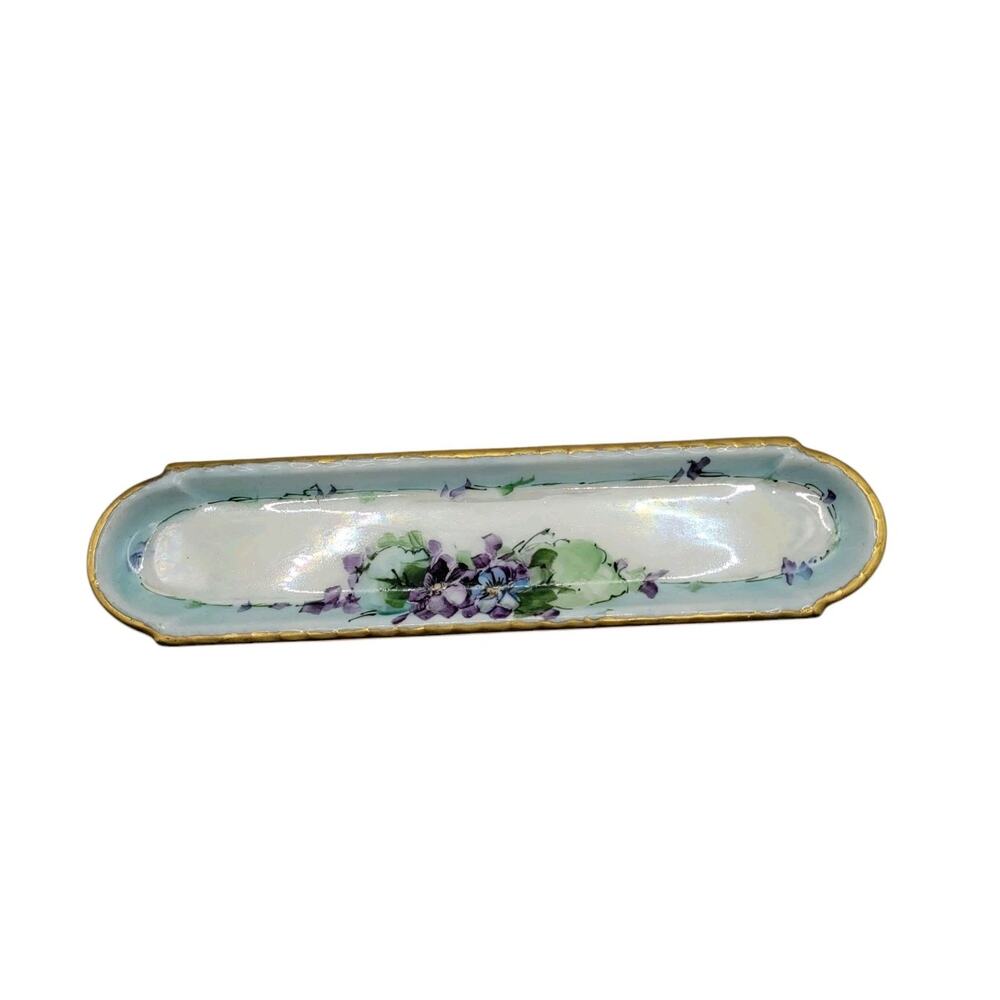Vtg Prov Saxe ES Germany Hand Painted Violet Gold Trim Porcelain 8" Trinket Dish